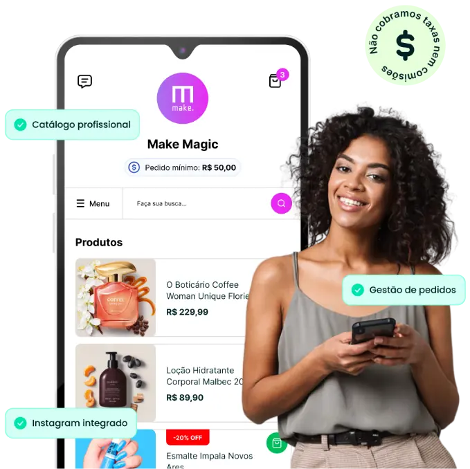 Smartphone exibe catálogo digital de cosméticos ao lado de mulher sorridente com selo de taxa zero.
